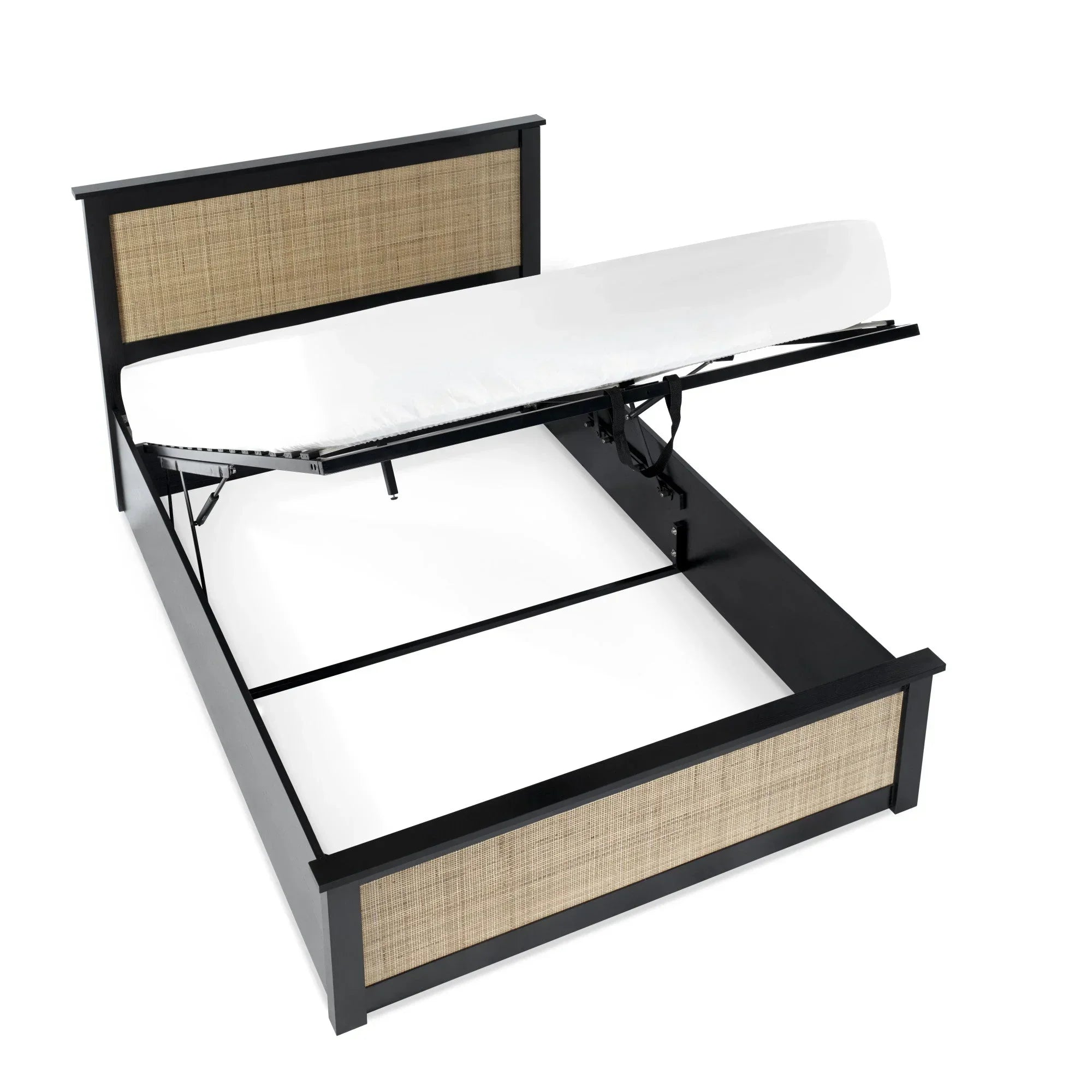 Black rattan ottoman bed frame with raised mattress showing underbed storage