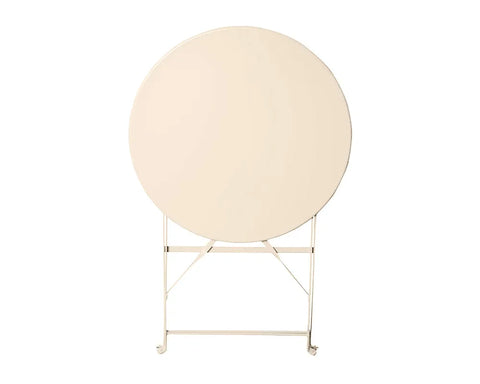 Champagne round metal folding table shown upright on white background