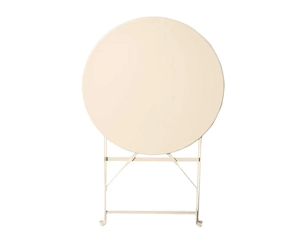 Champagne round metal folding table shown upright on white background