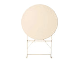 Champagne round metal folding table shown upright on white background