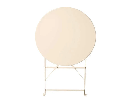 Champagne round metal folding table shown upright on white background