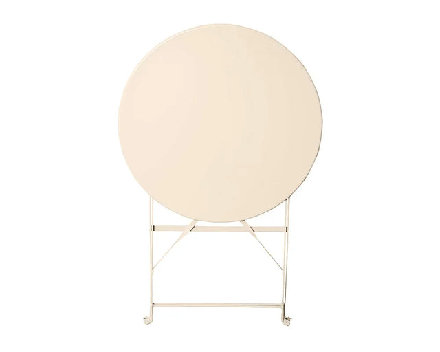 Champagne round metal folding table shown upright on white background