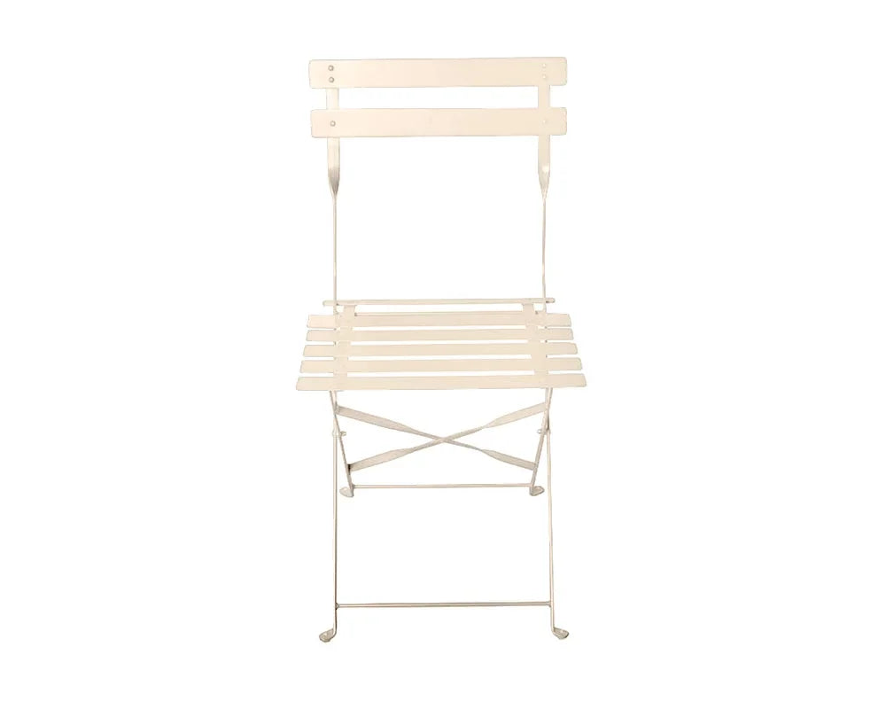 Champagne metal folding chair with slatted seat and backrest, front view