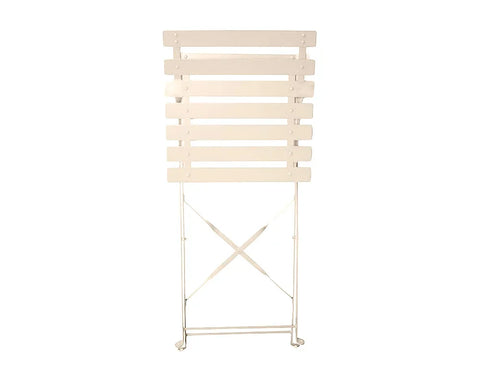 Champagne folding dining chair with slatted wooden seat and backrest, metal frame, upright view