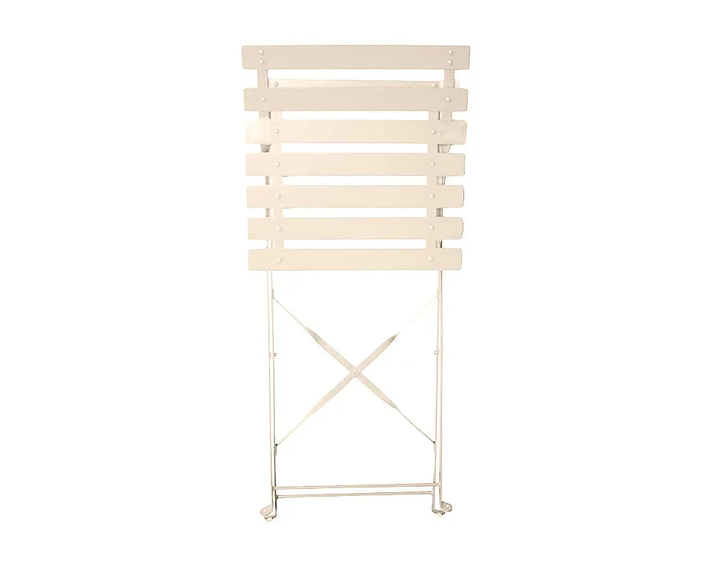 Champagne folding dining chair with slatted wooden seat and backrest, metal frame, upright view