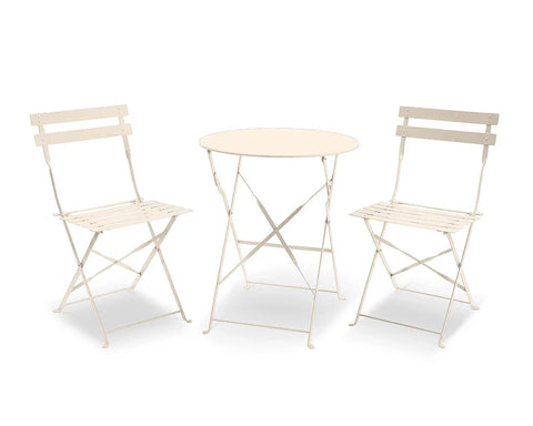 Champagne metal bistro set with round table and two folding slatted chairs
