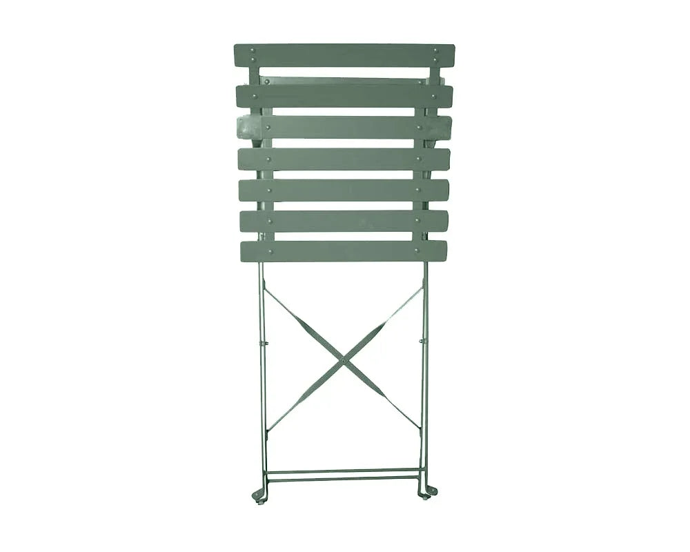 Olive green folding garden chair with slatted wooden backrest and metal frame, vertical view