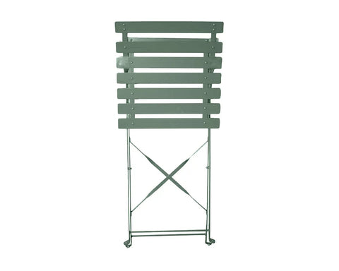 Olive green folding garden chair with slatted wooden backrest and metal frame, vertical view