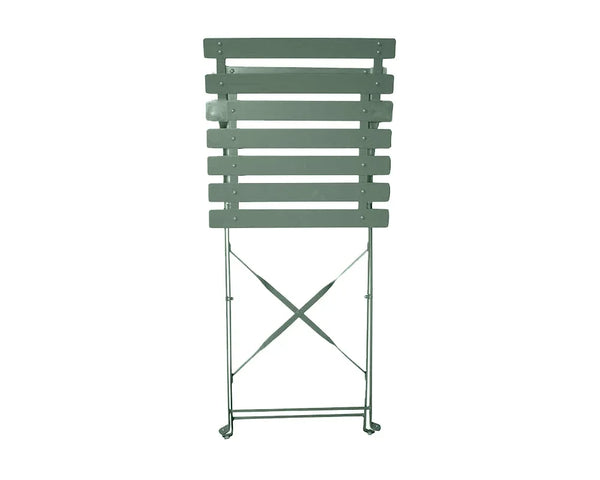 Olive green folding garden chair with slatted wooden backrest and metal frame, vertical view