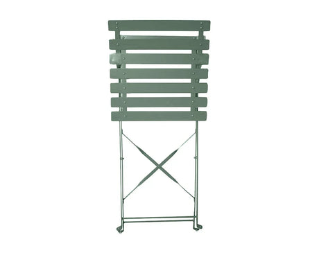 Olive green folding garden chair with slatted wooden backrest and metal frame, vertical view