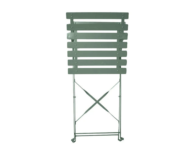 Olive green folding garden chair with slatted wooden backrest and metal frame, vertical view
