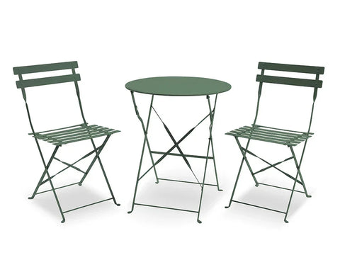Olive green metal garden bistro set with round table and two folding chairs