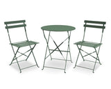 Olive green metal garden bistro set with round table and two folding chairs
