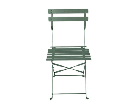 Olive green metal outdoor dining chair with slatted seat and back, foldable design