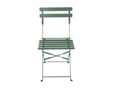 Olive green metal outdoor dining chair with slatted seat and back, foldable design