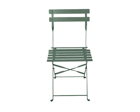 Olive green metal outdoor dining chair with slatted seat and back, foldable design