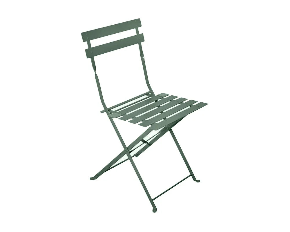 Olive green metal folding chair with slatted seat and backrest, side angle view