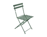 Olive green metal folding chair with slatted seat and backrest, side angle view