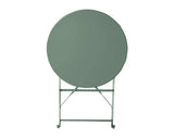 Round olive folding table upright with metal frame and legs visible from the front