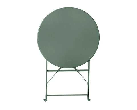 Olive green round folding bistro table with metal frame, shown upright on white background