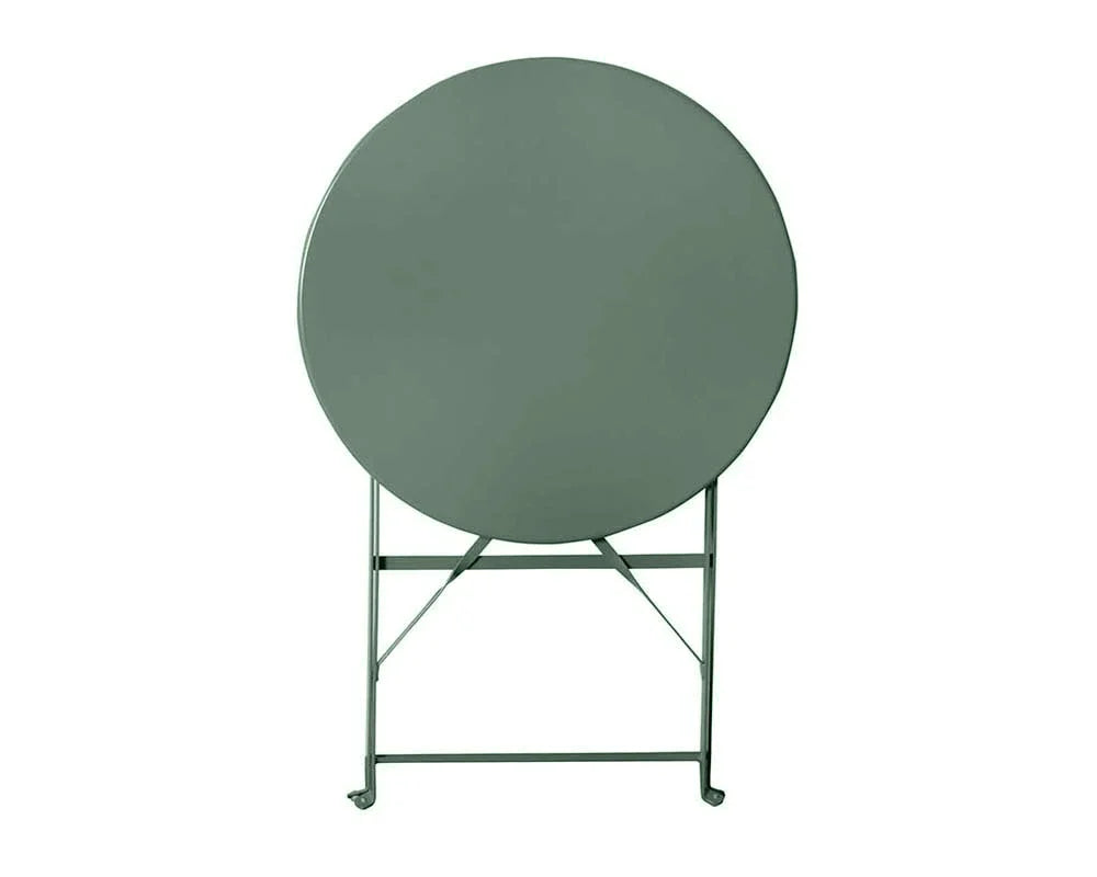 Olive green round folding bistro table with metal frame, shown upright on white background