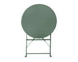Olive green round folding bistro table with metal frame, shown upright on white background