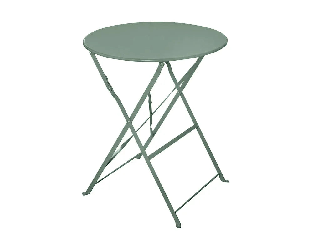 Olive green metal folding bistro table with round top and slim legs