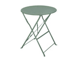 Olive green metal folding bistro table with round top and slim legs