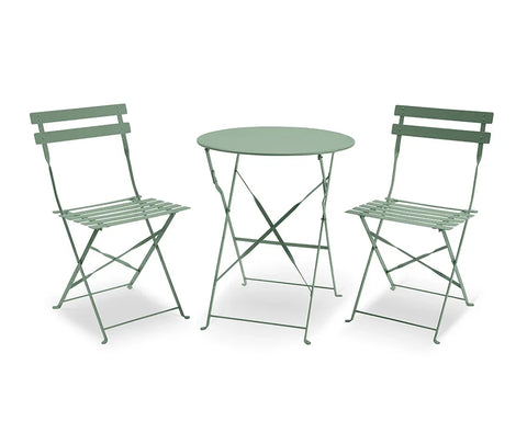 Olive green metal bistro set with round table and two folding chairs