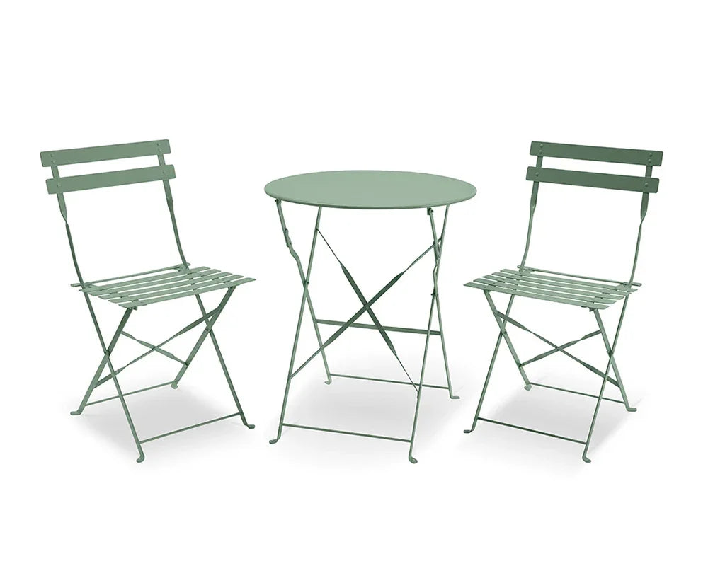 Olive green metal bistro set with round table and two folding chairs