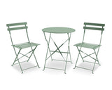 Olive green metal bistro set with round table and two folding chairs