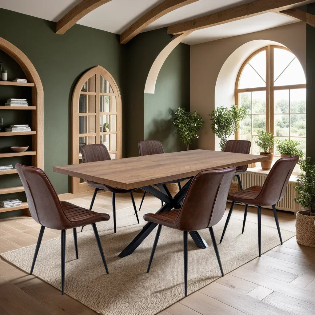 Wood dining table with black metal legs and six brown leather chairs in modern dining room