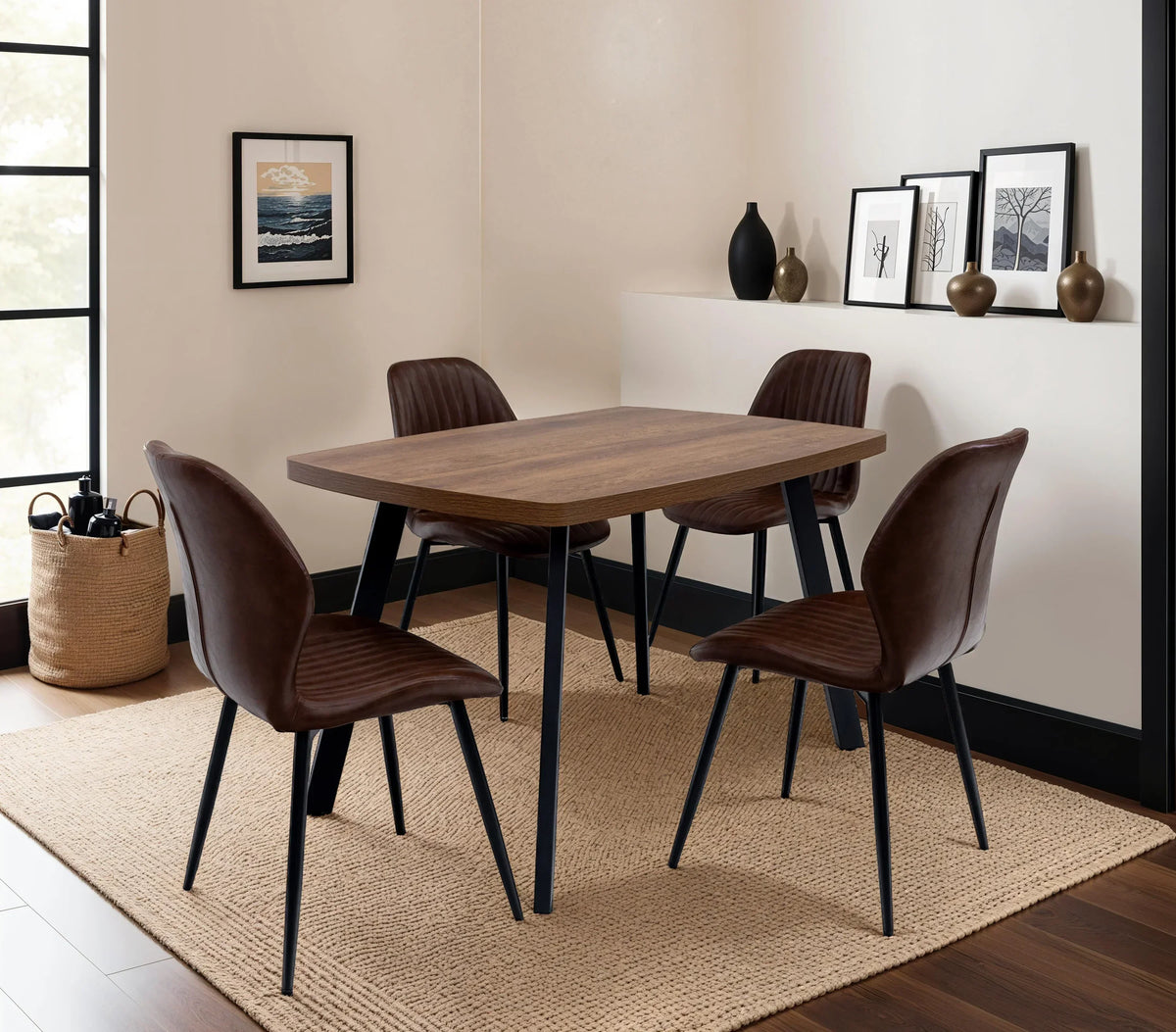 Modern dining table set with four brown faux leather chairs in a styled dining room