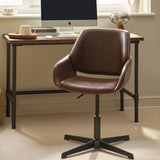 Brown swivel office chair with padded seat and backrest in a room with wooden desk