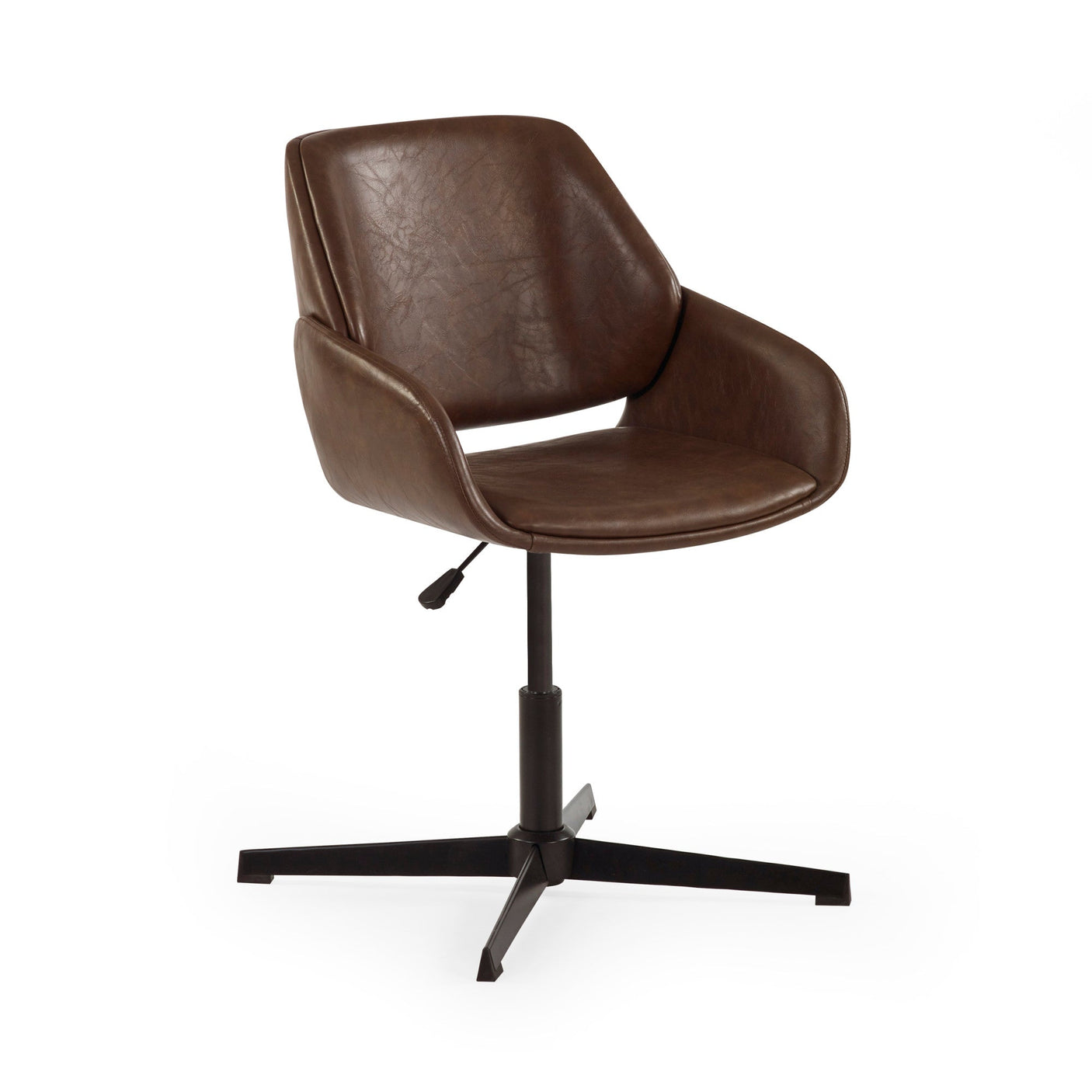 Brown faux leather swivel office chair angled 45 degrees on white background