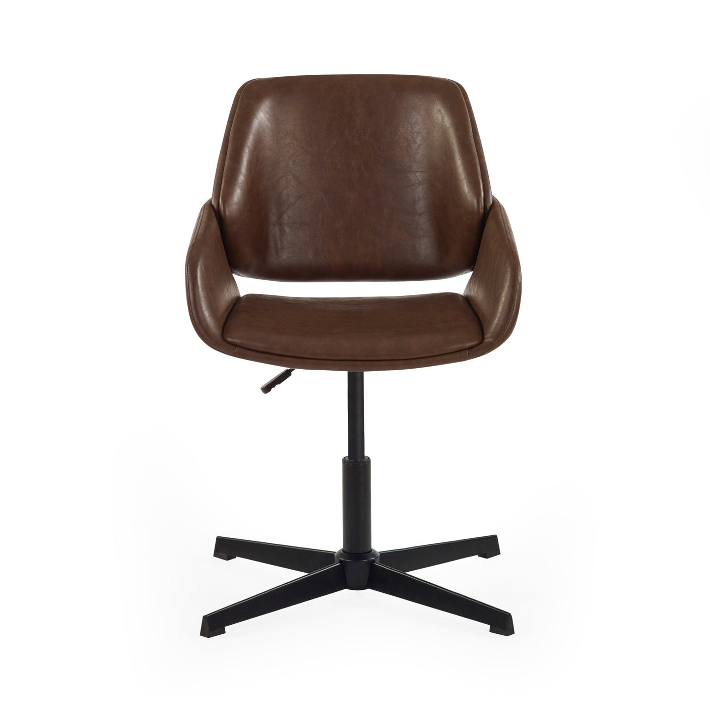Brown faux leather swivel office chair with armrests, front view on white background
