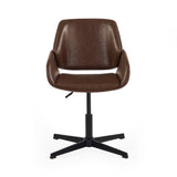 Brown faux leather swivel office chair with armrests, front view on white background