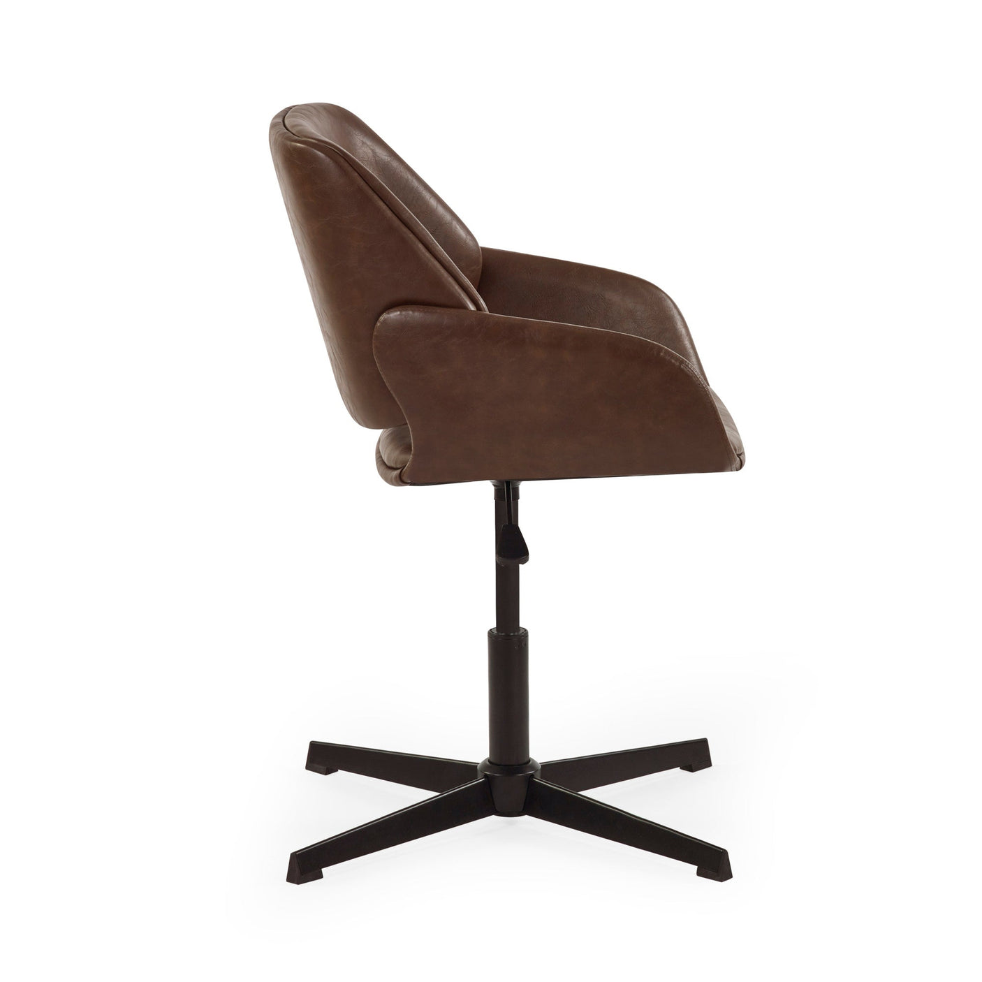 Side view of brown faux leather swivel office chair with black metal base on white background