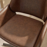 Close-up of padded brown faux leather seat of swivel office chair on carpet