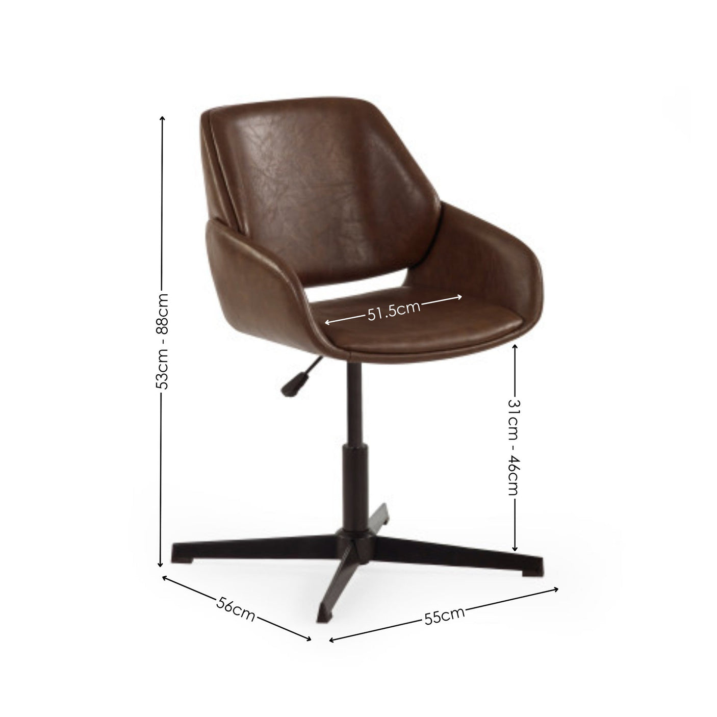 Brown swivel office chair with measurements showing width, height, and depth on white background