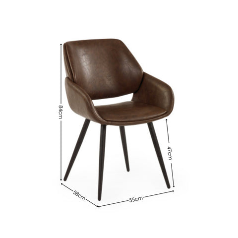 Brown upholstered dining chair with angled black legs, dimensions marked against white background