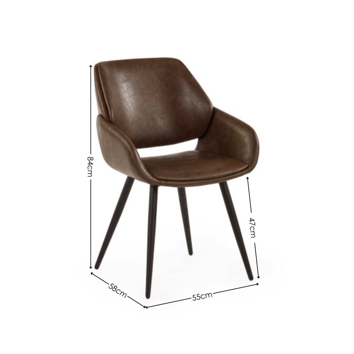 Brown upholstered dining chair with angled black legs, dimensions marked against white background