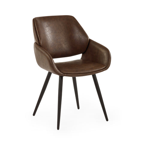 Brown upholstered dining chair angled, showing seat, backrest and black metal legs on white background.