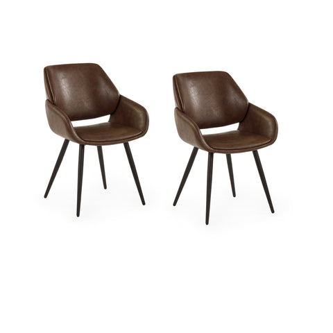 Pair of brown upholstered dining chairs with black metal legs against white background facing slightly left.