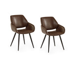 Pair of brown upholstered dining chairs with black metal legs against white background facing slightly left.