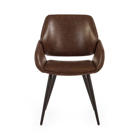 Brown upholstered dining chair front view with armrests and tapered black metal legs on white background.