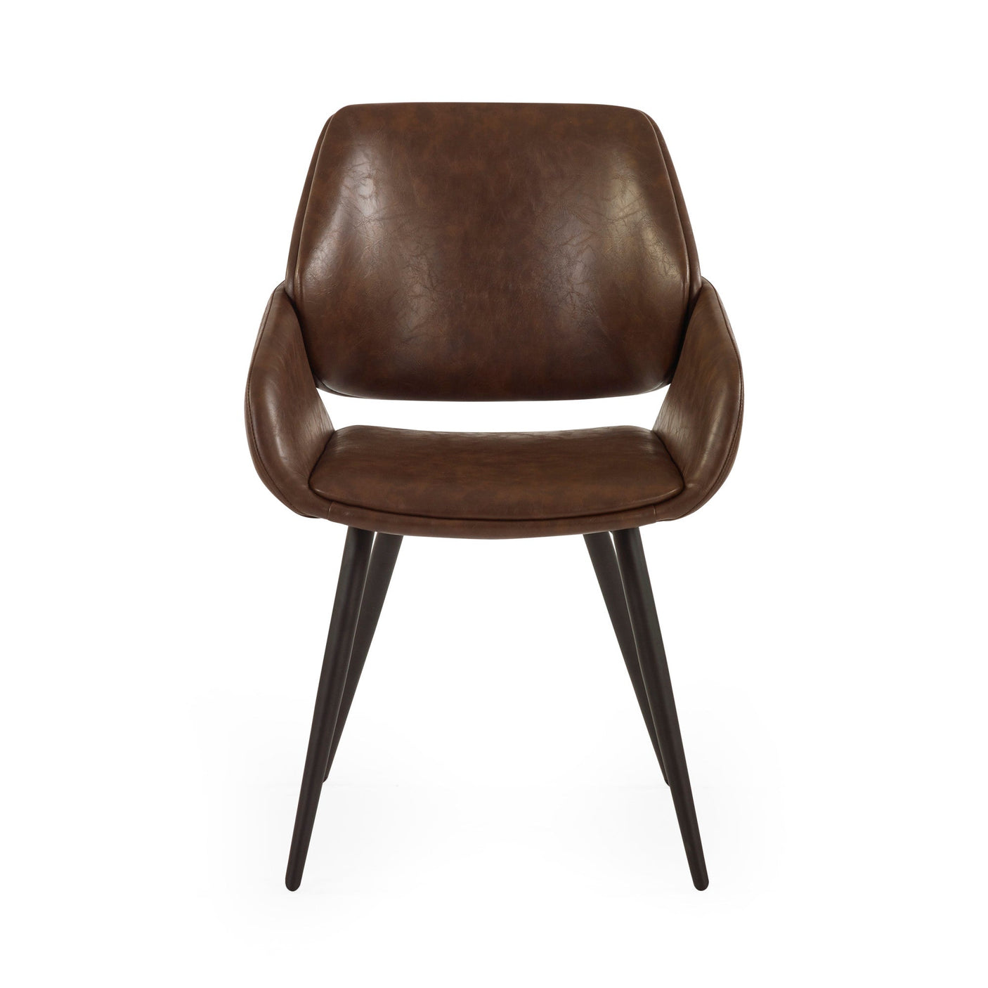 Brown upholstered dining chair front view with armrests and tapered black metal legs on white background.