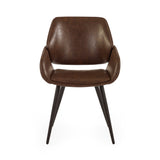 Brown upholstered dining chair front view with armrests and tapered black metal legs on white background.