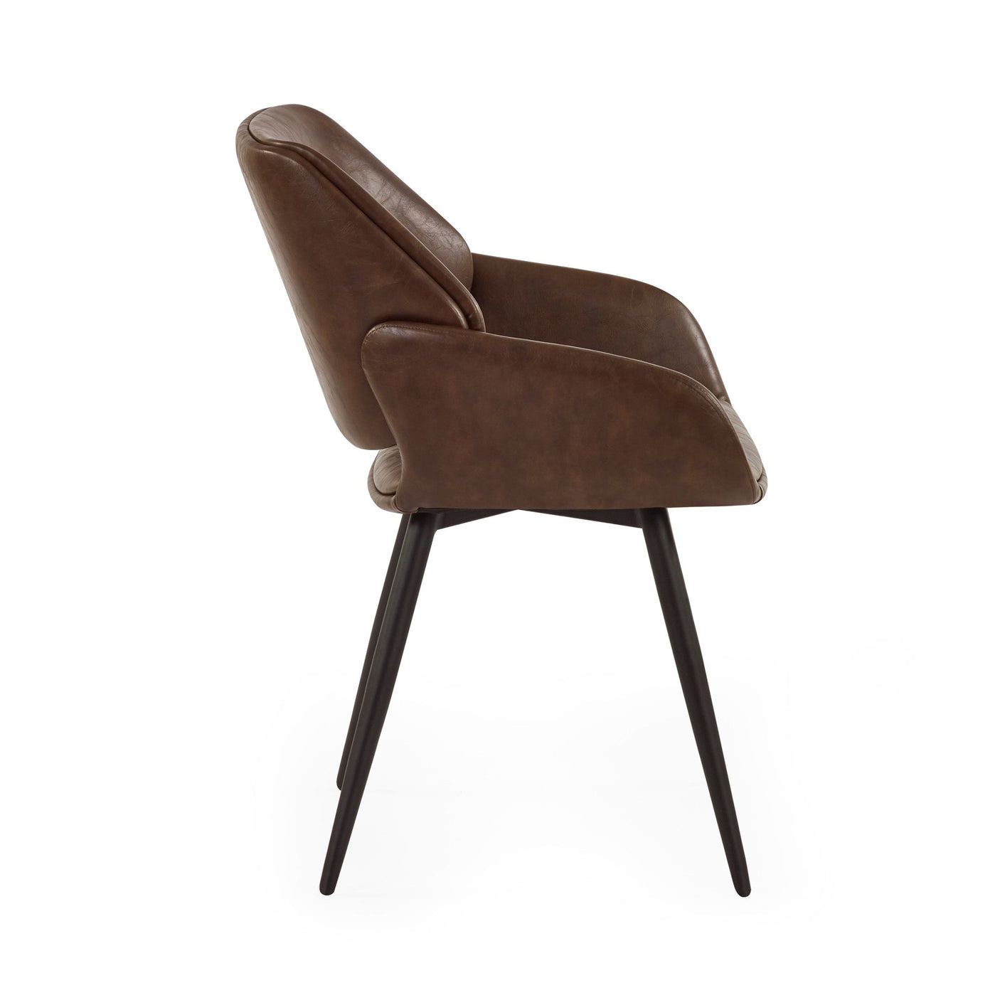 Side profile of brown upholstered dining chair with armrests and black tapered metal legs on white background.