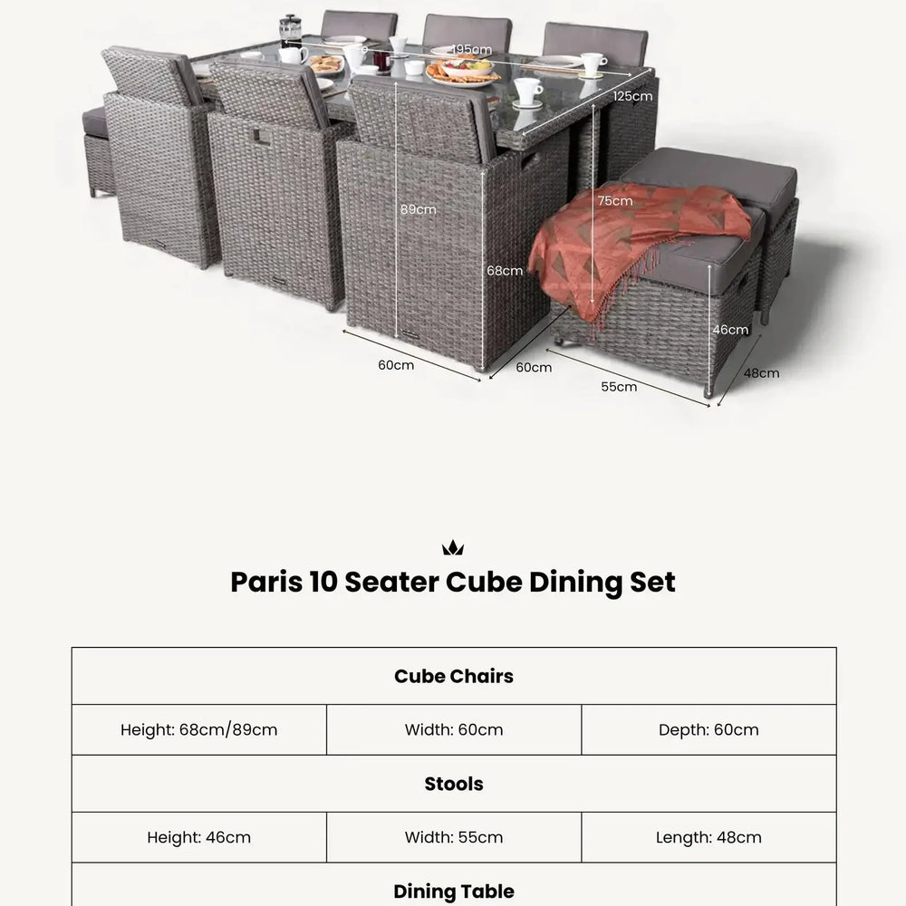 Paris 10 seater cube dining set with rattan chairs, stools, and glass-top table, dimensions shown